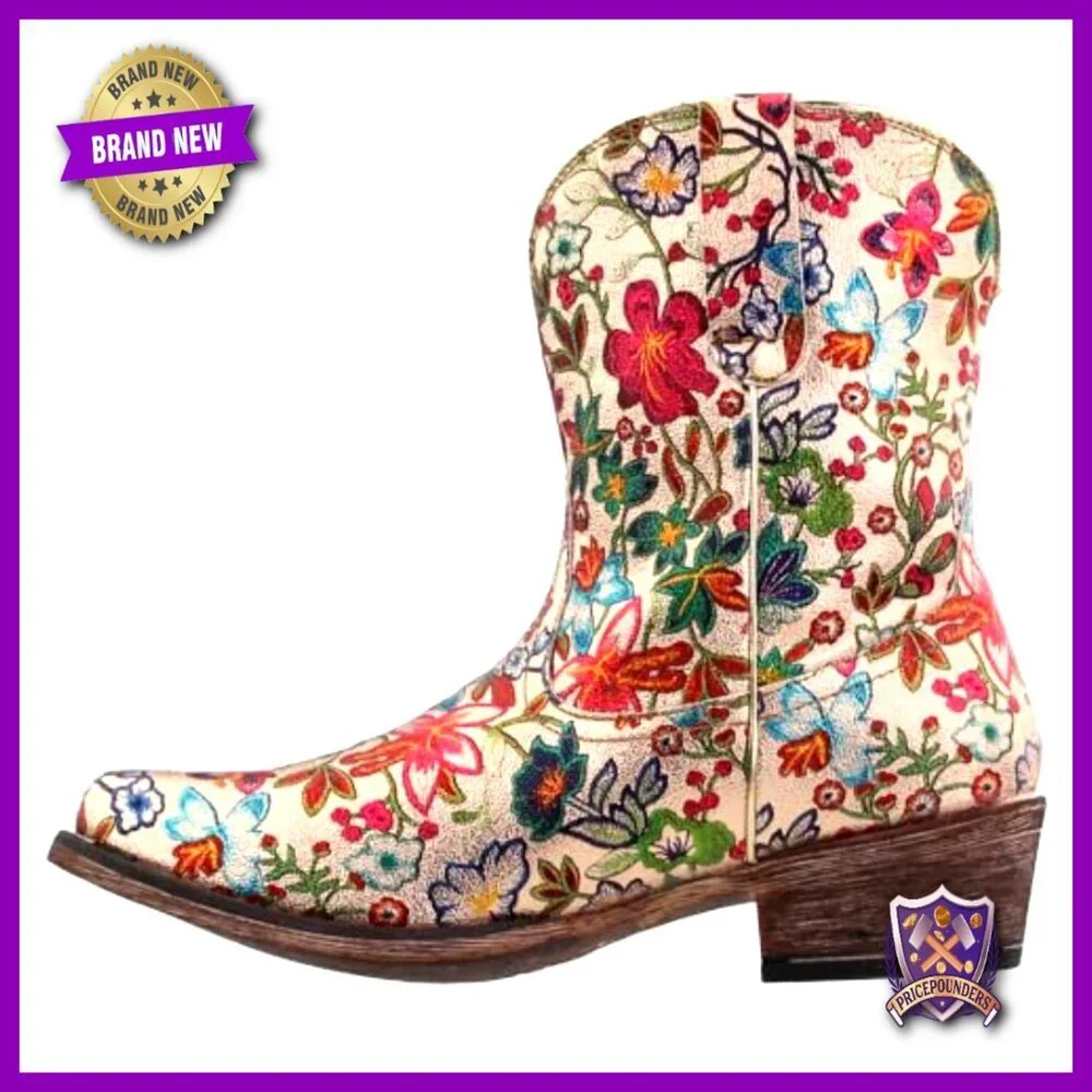 Floral Metallic Snip Toe Ankle Boots Low Heel Pull On Casual Chic Retro
